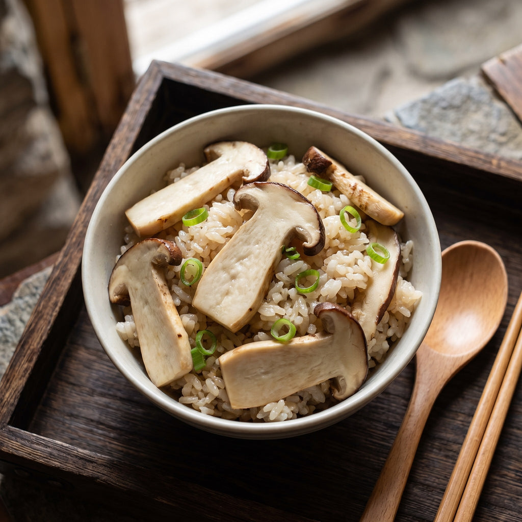 Bol de riz chaud garni de tranches de champignons matsutake et d'oignons verts ciselés sur un plateau en bois rustique