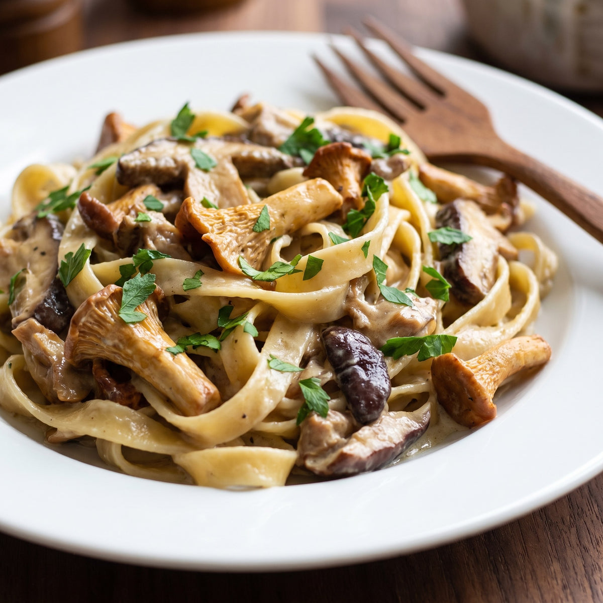 Fettucines crémeuses parsemées de persil frais et de champignons mélange forestier sur une assiette blanche