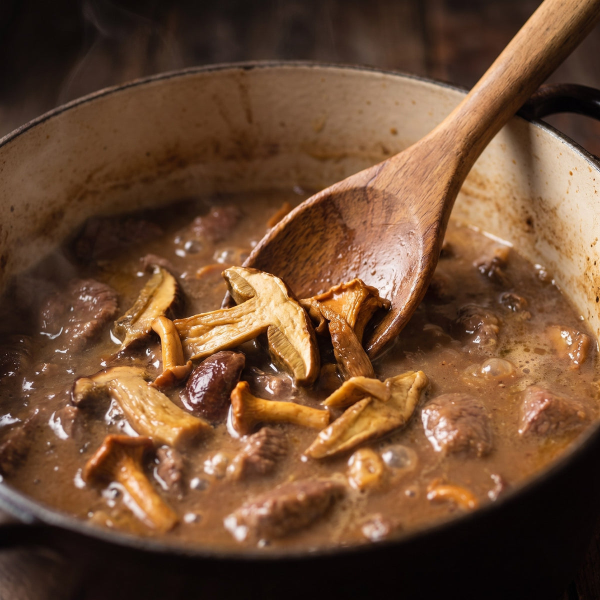 Mijoté de bœuf réconfortant garni de notre mélange forestier de champignons, remué à la cuillère de bois