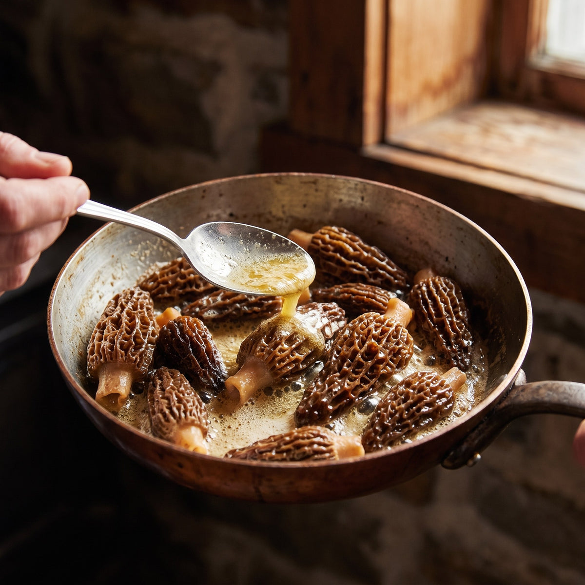 Champignons morilles rissolant dans une poêle en cuivre et arrosés de beurre fondu à l'aide d'une cuillère
