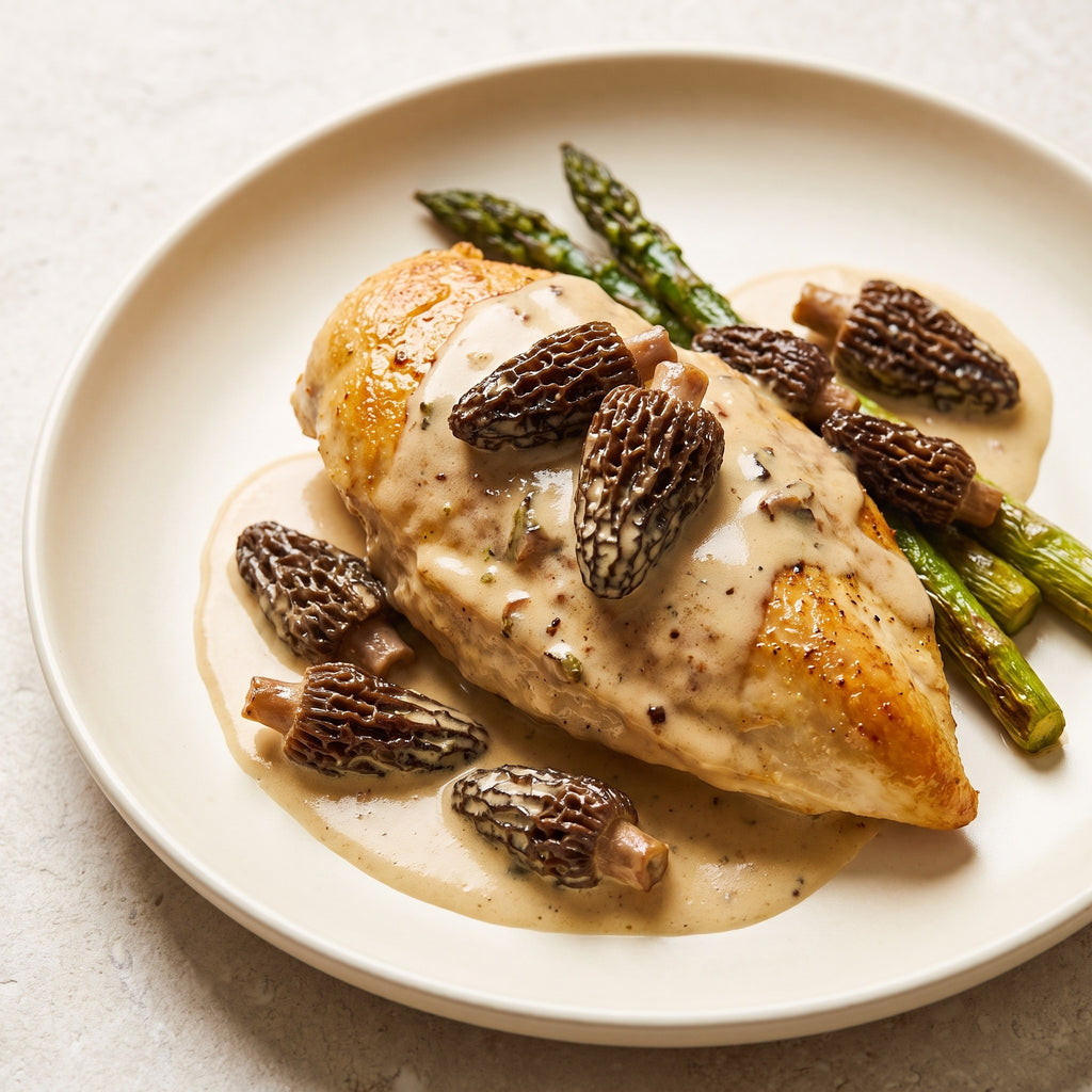 Poitrine de poulet nappée de sauce crémeuse et de champignons morilles, servie avec des asperges dans une assiette
