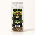 Sachet transparent de champignons morilles séchées de marque Amyco, debout sur un fond crème uni