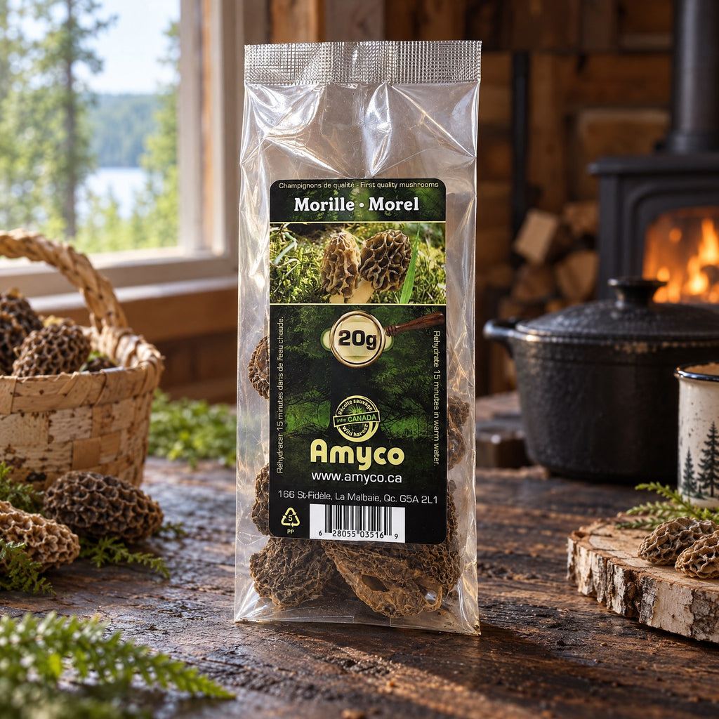 Sachet de champignons morilles Amyco sur une table en bois rustique, avec panier et foyer au chalet