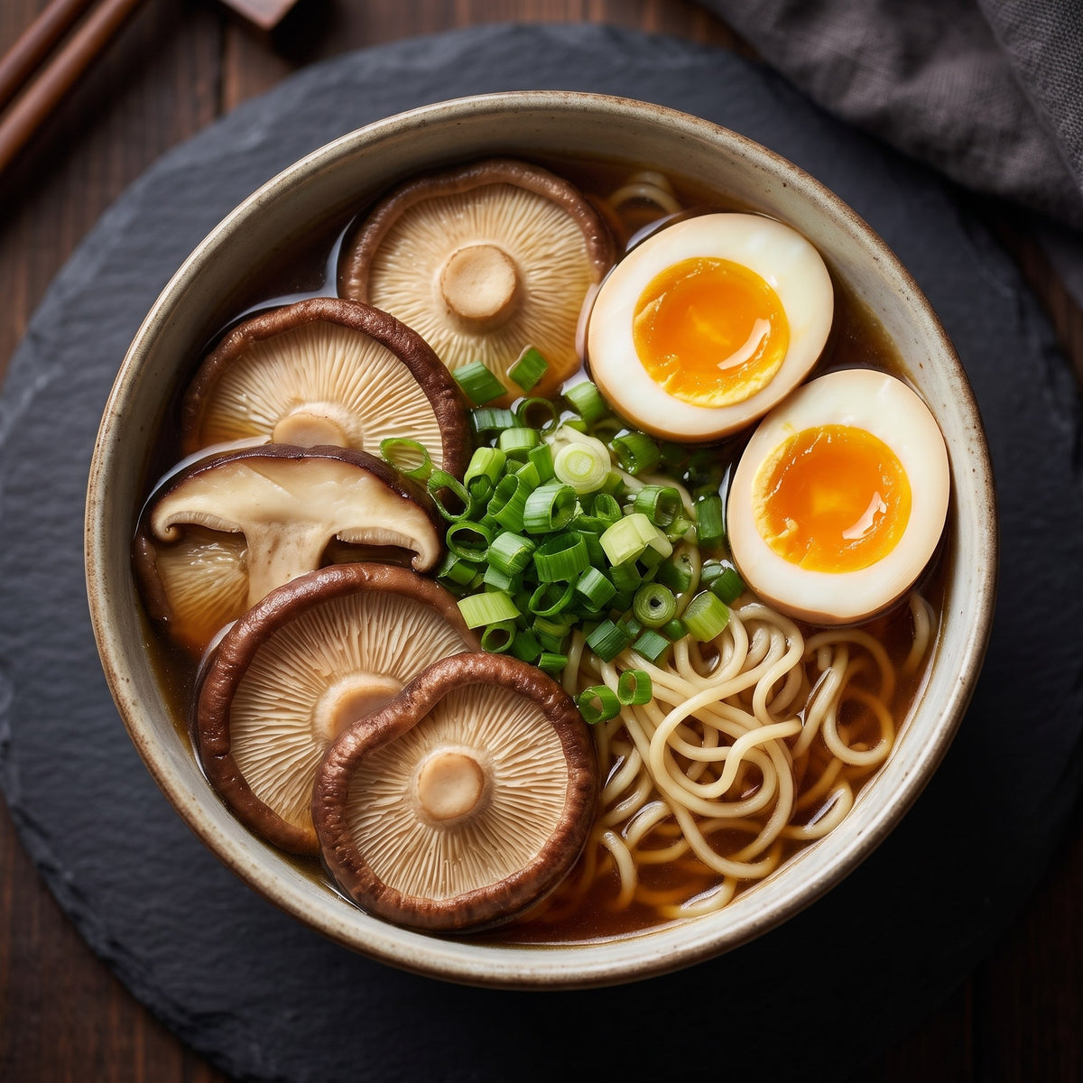 Bol de ramen réconfortant avec nouilles, œufs mollets, oignons verts et généreux champignons shiitake