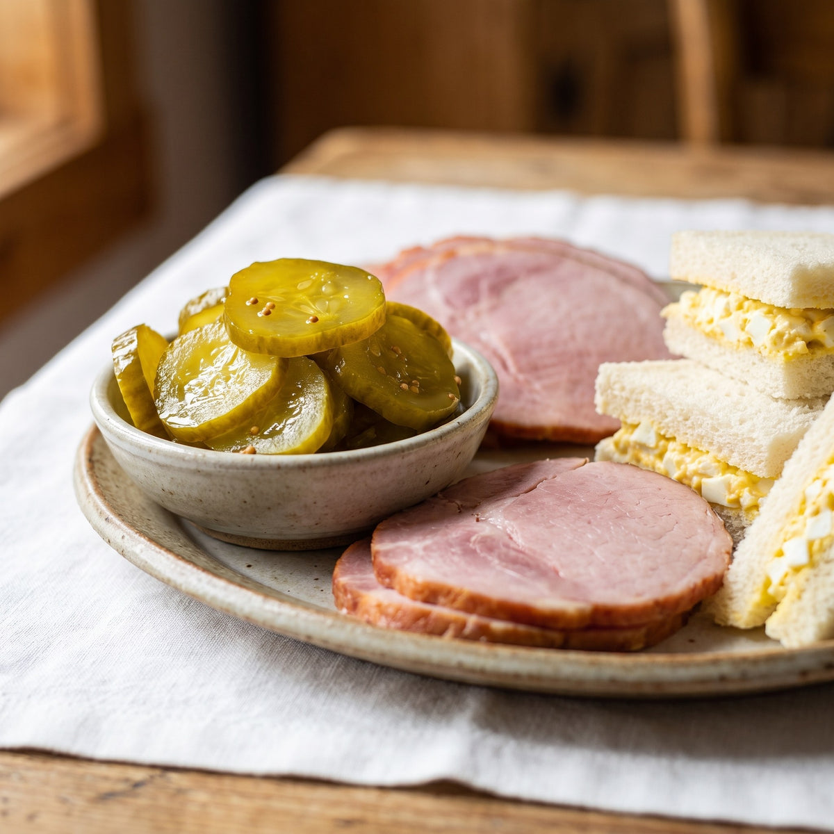 Bol de concombres sucrés tranchés servi avec du jambon et des sandwichs aux œufs sur un grand plateau rustique