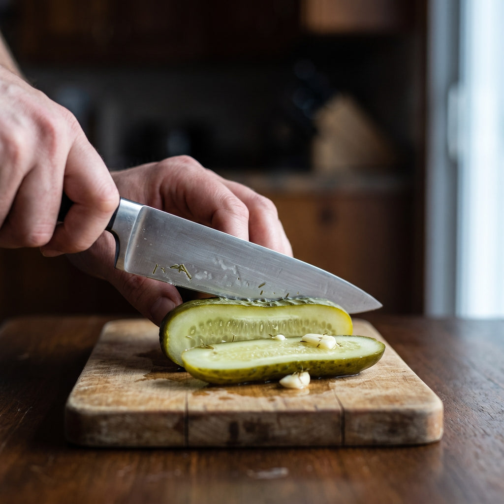 Coupe de savoureux concombres surs avec un grand couteau sur une planche à découper en bois usée