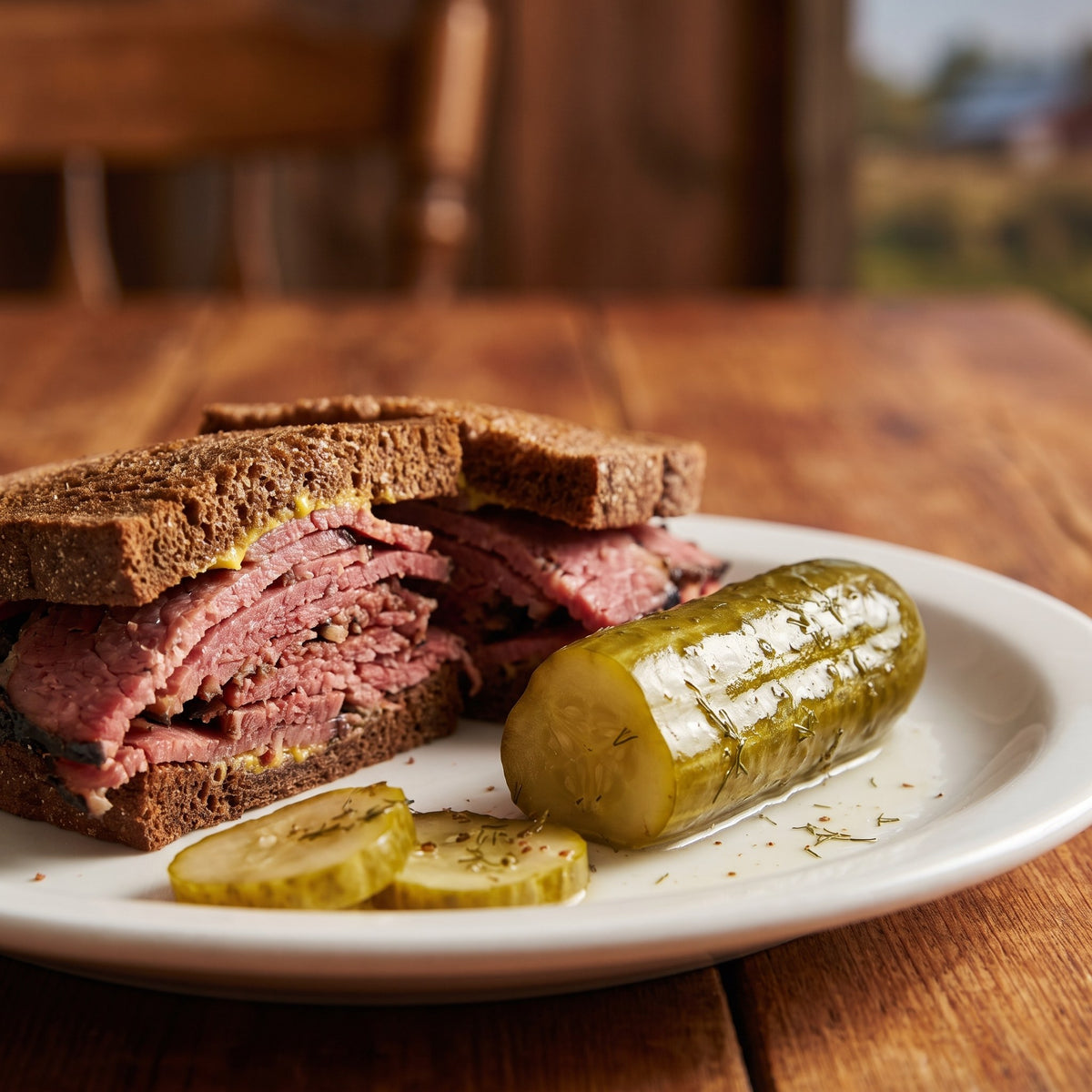 Sandwich à la viande fumée servi avec un gros concombre sur et deux tranches dans une assiette sur table en bois