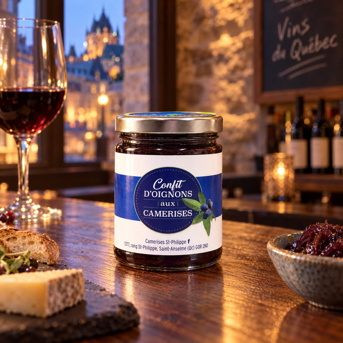 Pot de Confit d'oignons aux camerises sur un comptoir en bois, servi avec du fromage et du vin rouge dans un resto chaleureux