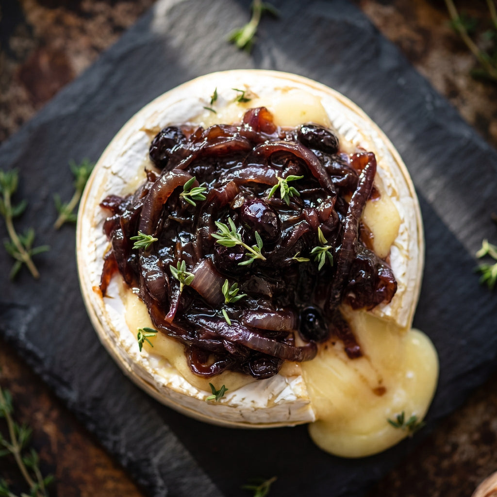 Brie fondant garni de confit d'oignons aux camerises et de thym frais sur une plaque d'ardoise