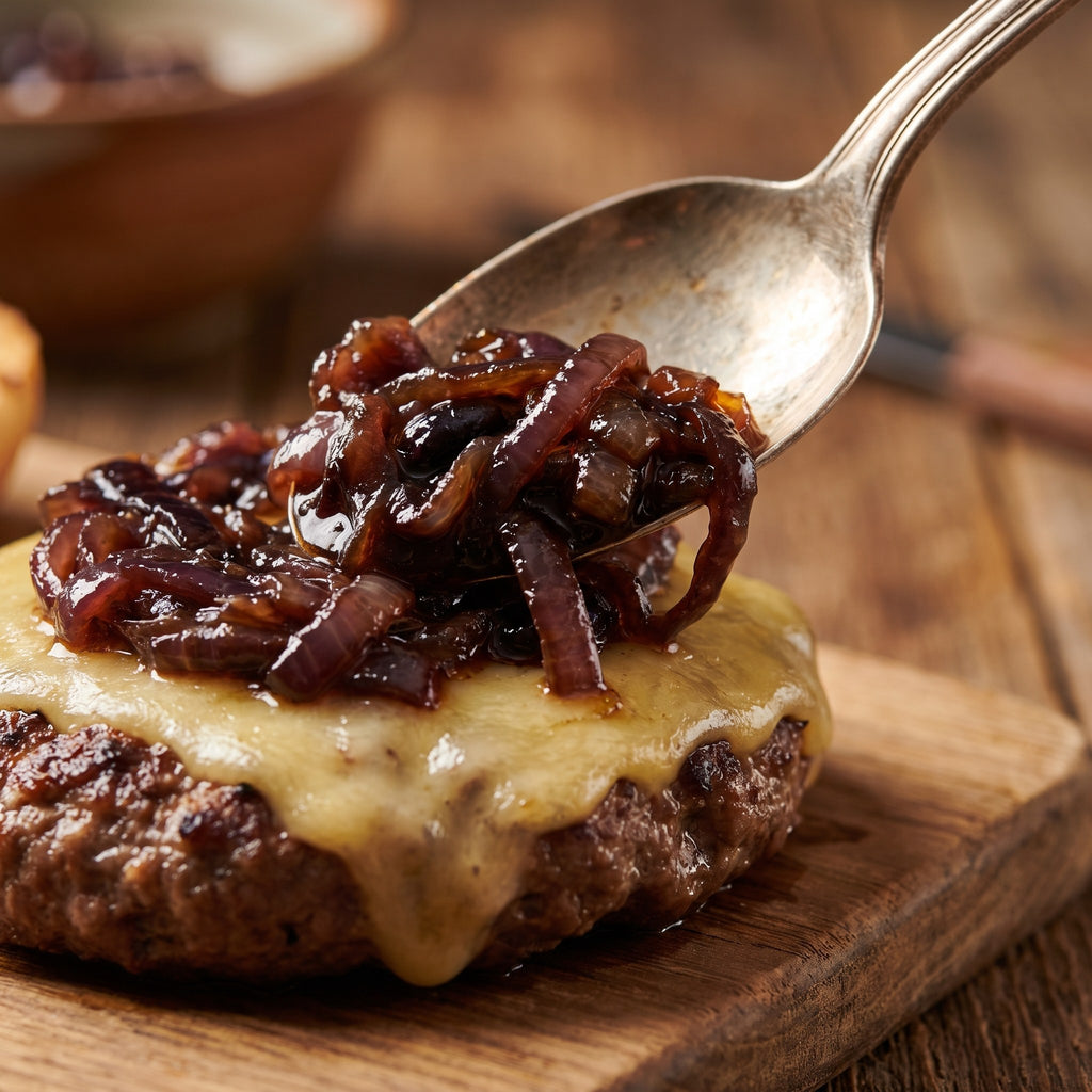 Cuillère versant du confit d'oignons aux camerises sur une boulette de bœuf recouverte de fromage fondu