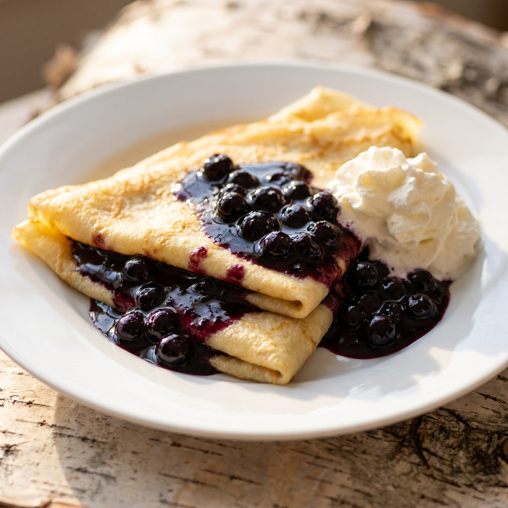 Crêpes pliées sur une assiette blanche, garnies de crème fouettée et de notre confiture aux bleuets sauvages