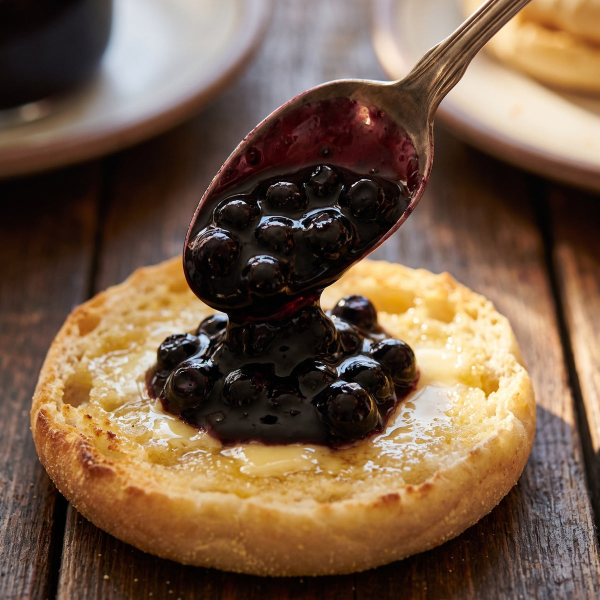 Cuillère déposant de la confiture aux bleuets sauvages sur un muffin anglais chaud et bien beurré