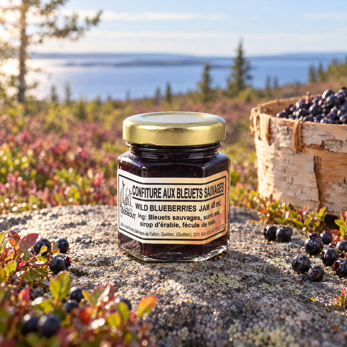 Petit pot de confiture aux bleuets sauvages posé sur un rocher, devant un grand lac bordé de sapins
