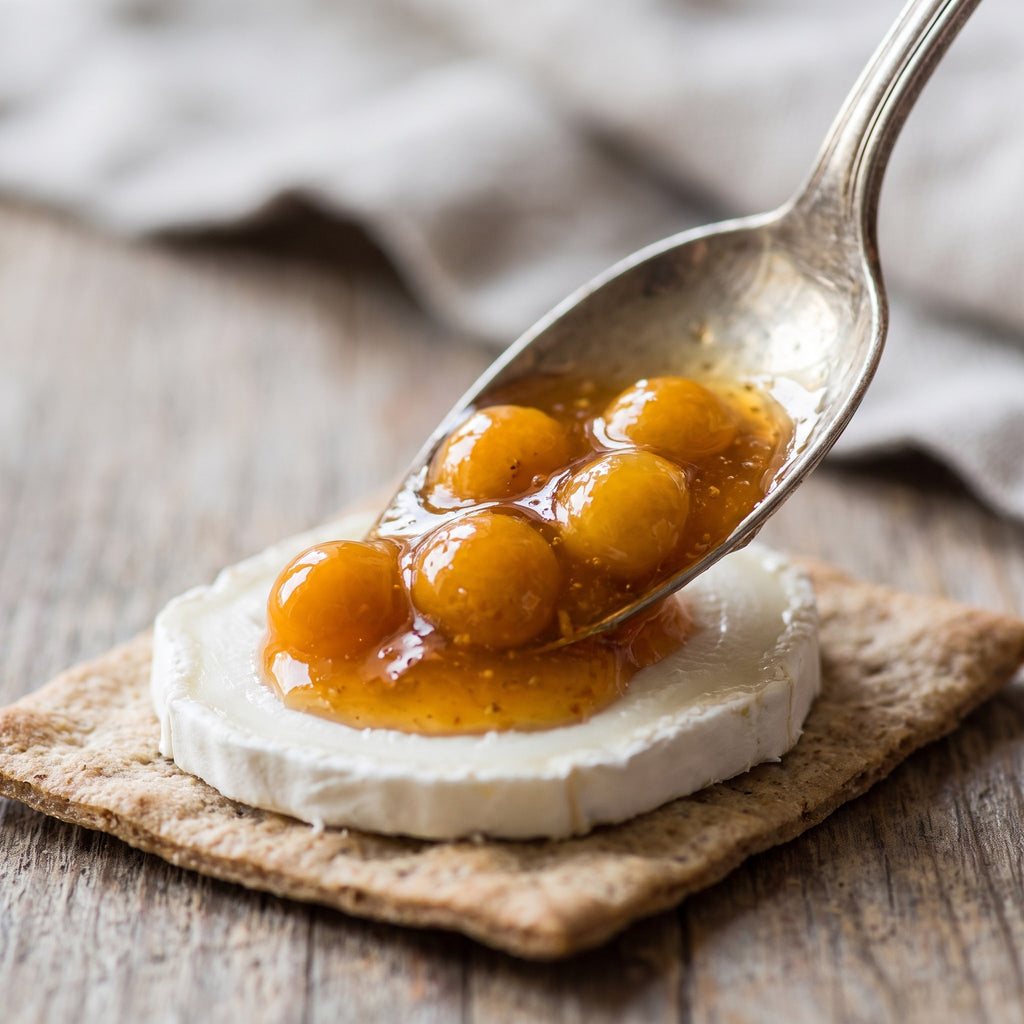 Cuillerée de confiture aux cerises de terre coulant sur une rondelle de fromage de chèvre et son craquelin