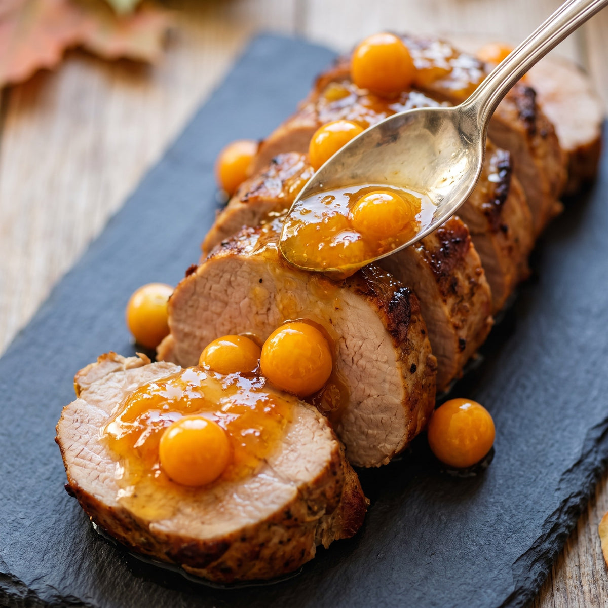 Cuillère versant de la confiture aux cerises de terre sur des tranches de filet de porc rôti posées sur une ardoise