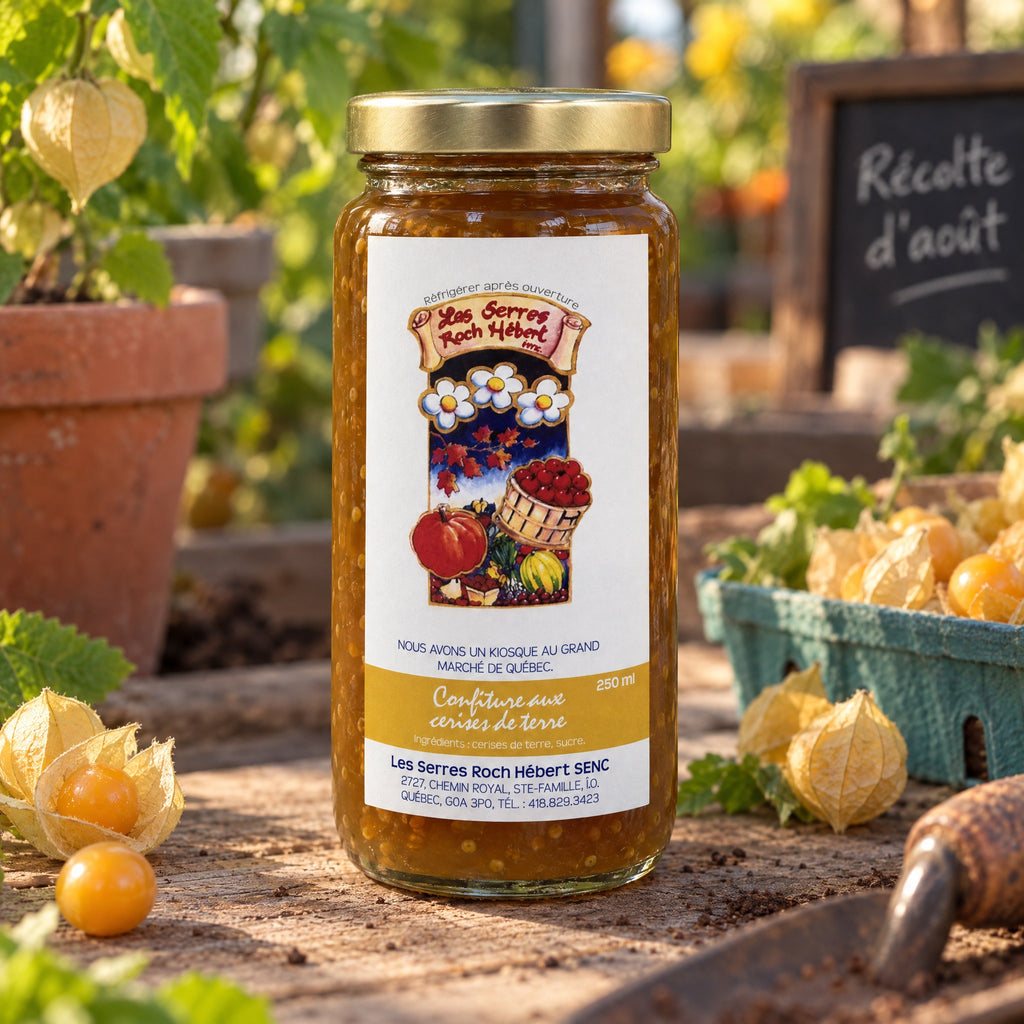 Pot de confiture aux cerises de terre sur une table en bois, entouré de fruits frais dans un jardin ensoleillé