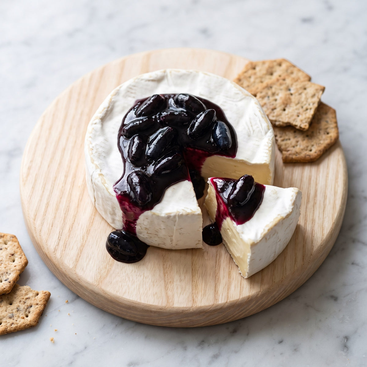 Fromage brie garni de confiture de camerises sur une planche de bois, entouré de craquelins