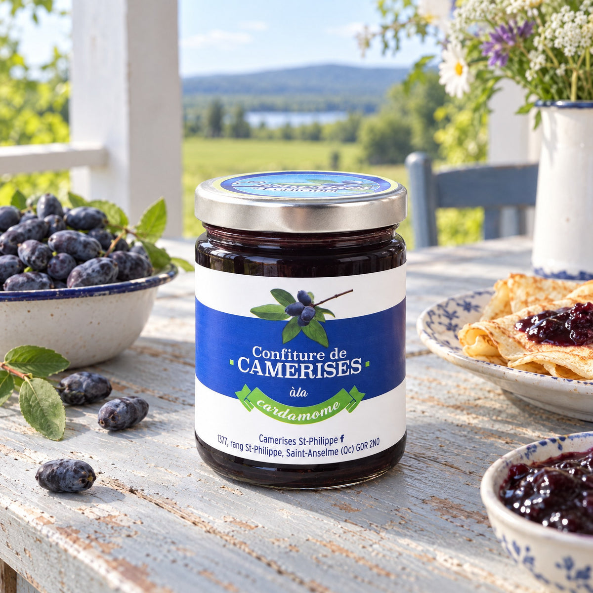 Un pot de confiture de camerises sur une table rustique avec des crêpes, des petits fruits et un lac au loin