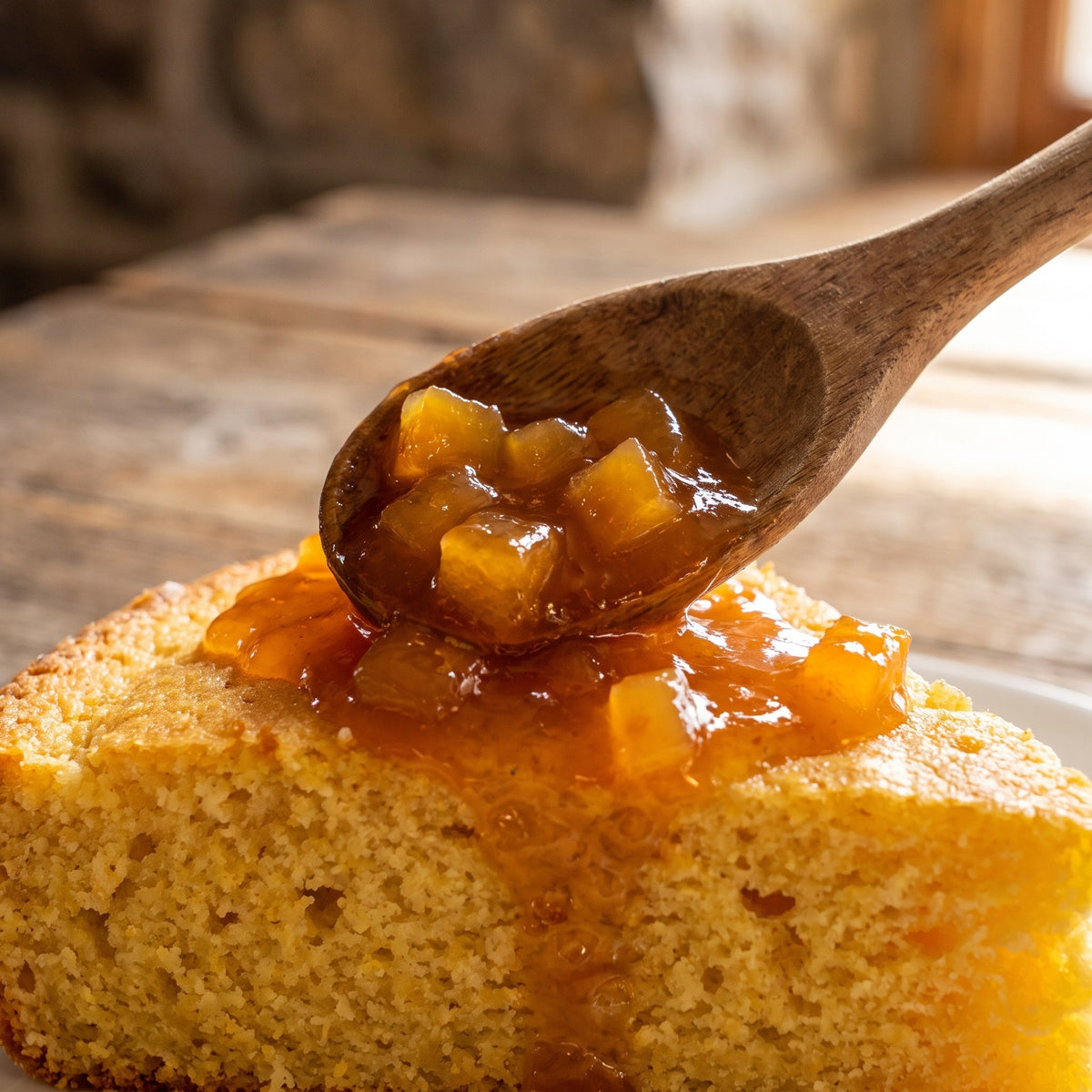 Cuillère de bois déposant de la confiture de citrouille texturée sur une généreuse part de pain de maïs doré