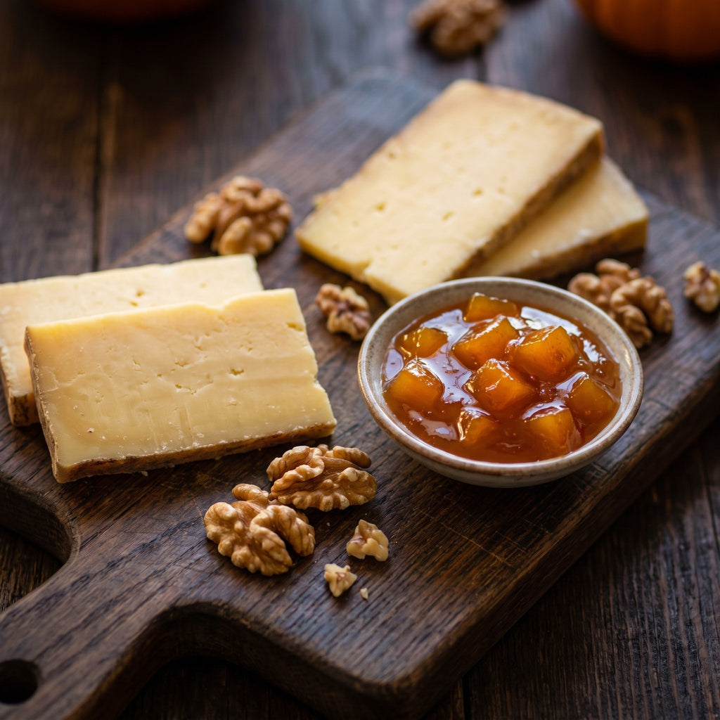 Bol de confiture de citrouille à côté de tranches de fromage et de noix sur une planche de bois rustique
