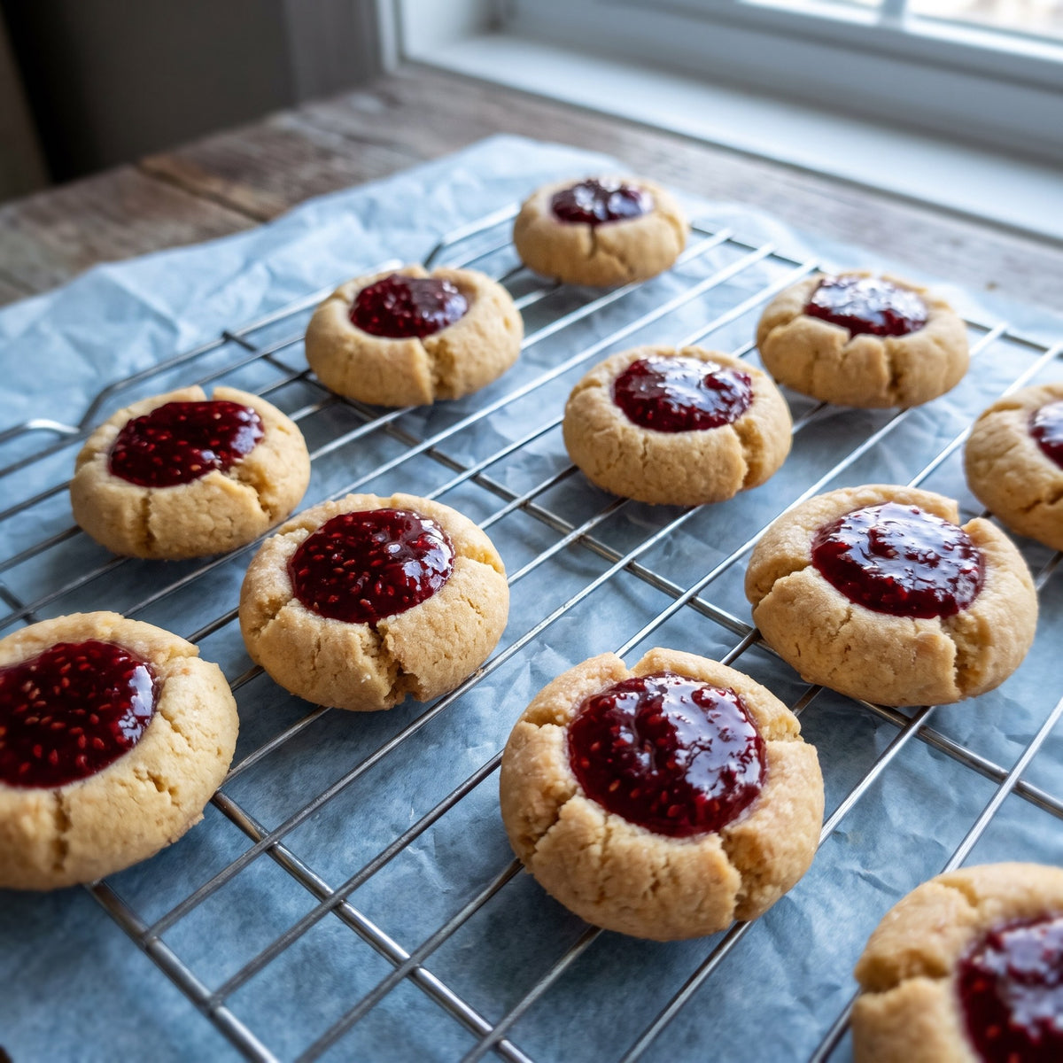 Biscuits sablés garnis de confiture de framboises, disposés sur une grille de refroidissement