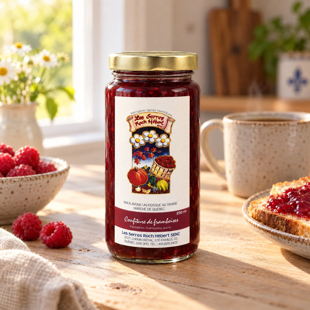 Pot de confiture de framboises sur une table en bois avec une rôtie garnie et des framboises fraîches