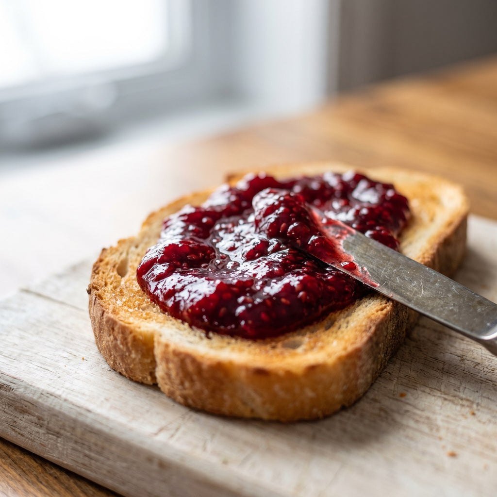 Confiture de framboises étalée généreusement sur une rôtie dorée déposée sur une planche à découper