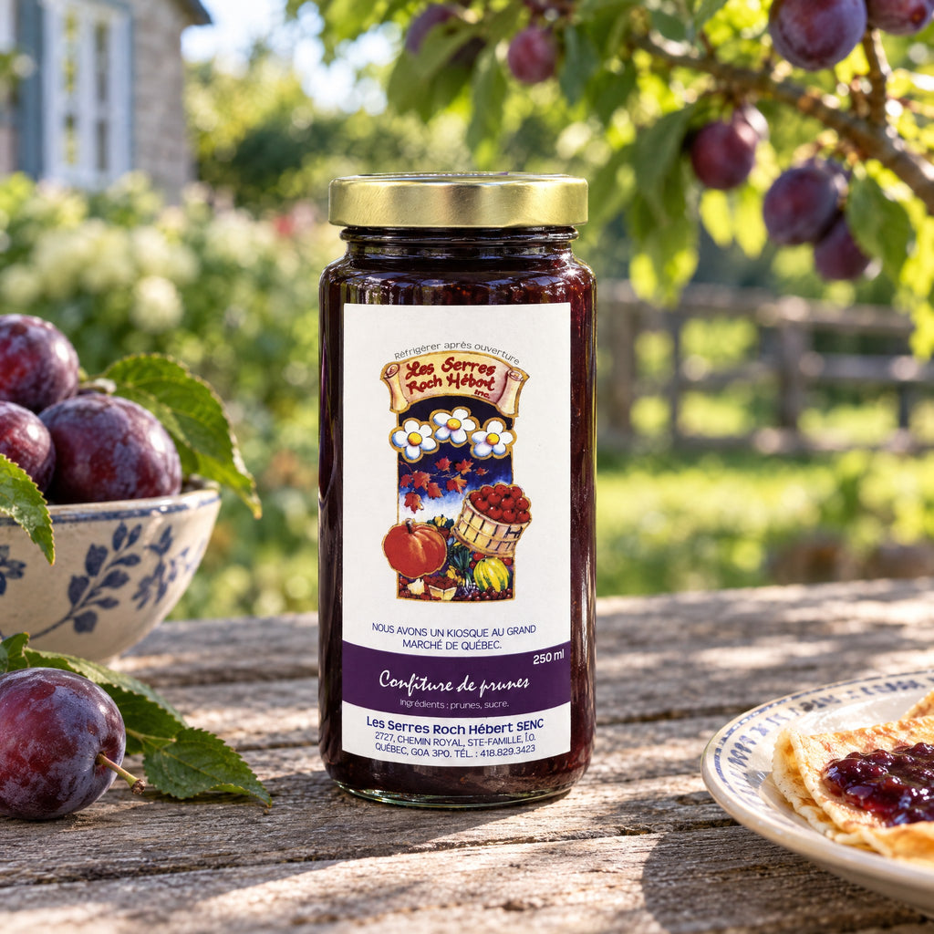 Pot de confiture de prunes sur une table en bois rustique, à côté de fruits frais et d’une crêpe sous un prunier