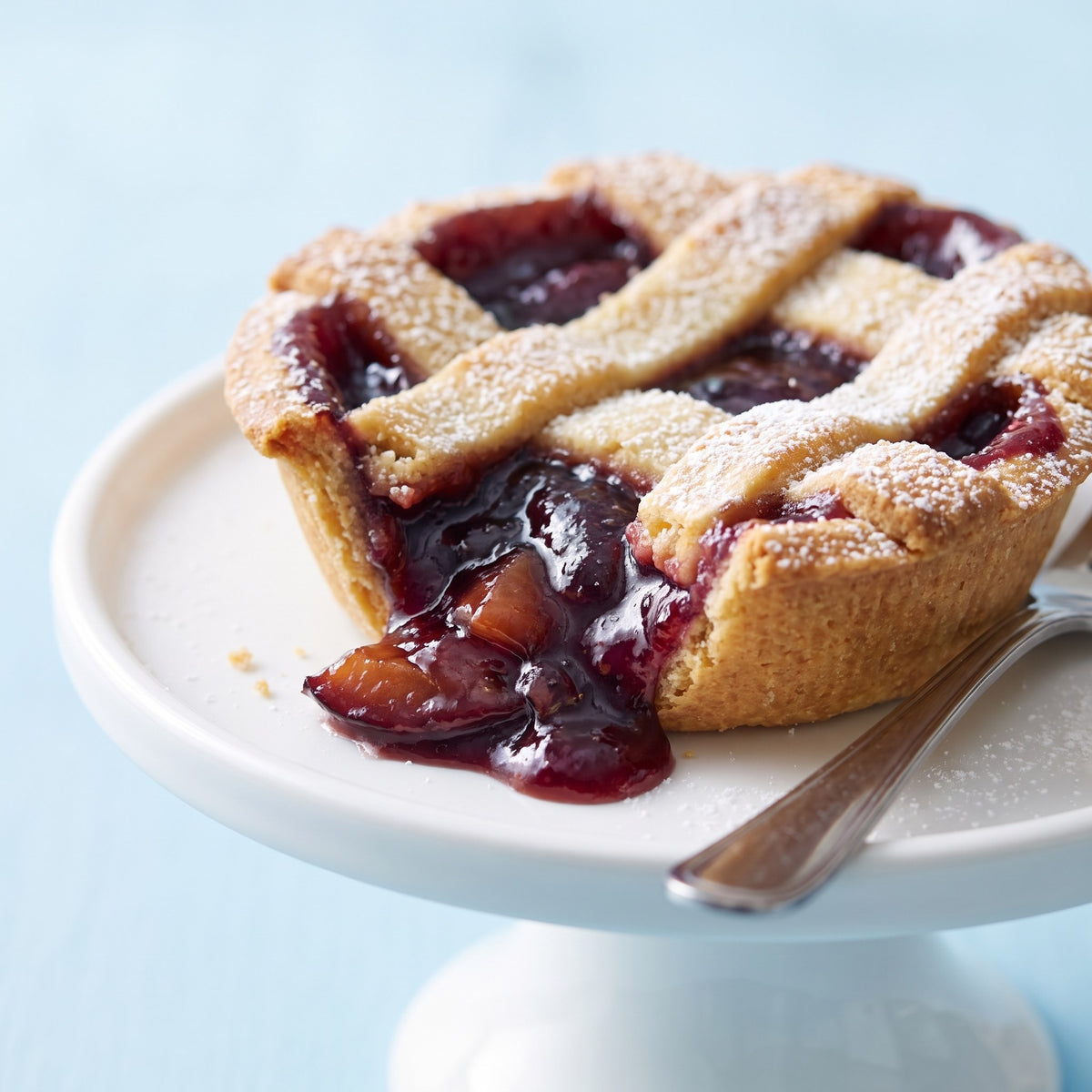 Tartelette croustillante garnie de confiture de prunes coulante, présentée sur un petit présentoir blanc
