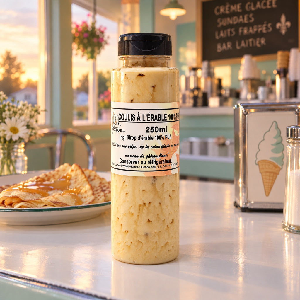 Bouteille de coulis à l'érable sur un comptoir de bar laitier à côté d'une assiette de crêpes dorées au coucher du soleil