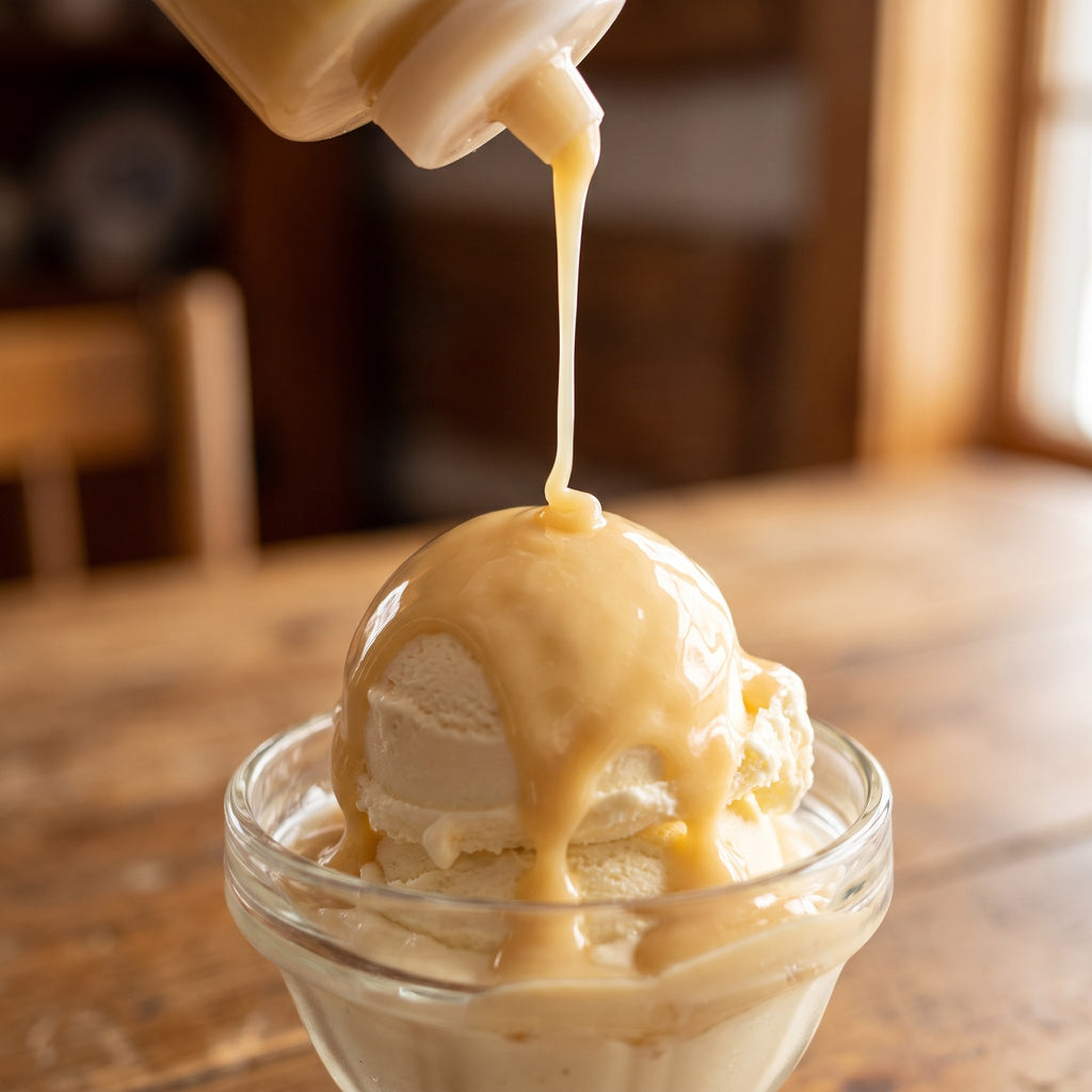 Onctueux coulis à l'érable versé sur une boule de crème glacée à la vanille servie dans une coupe en verre