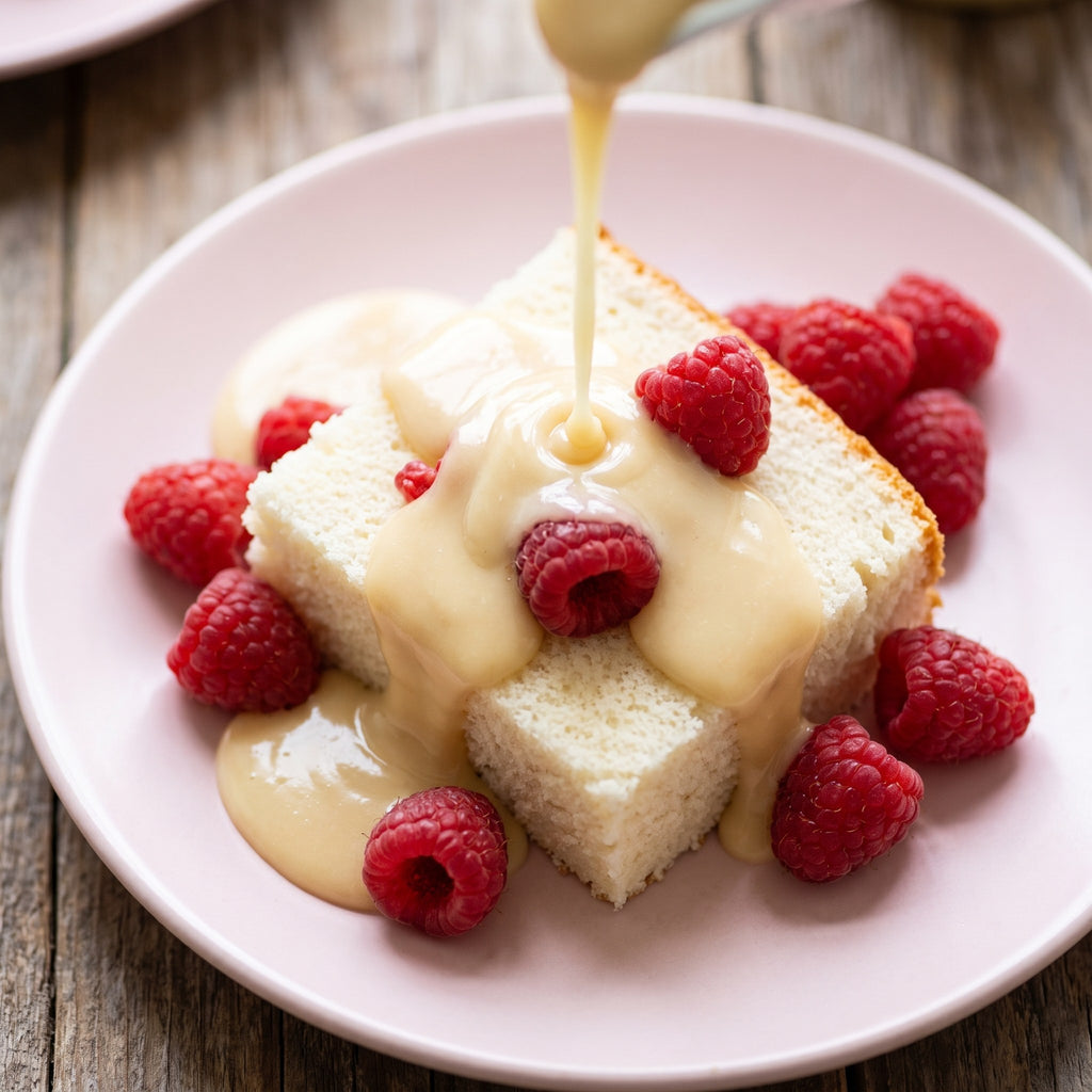 Coulis à l'érable crémeux versé sur une part de gâteau blanc et des framboises fraîches dans une assiette rose
