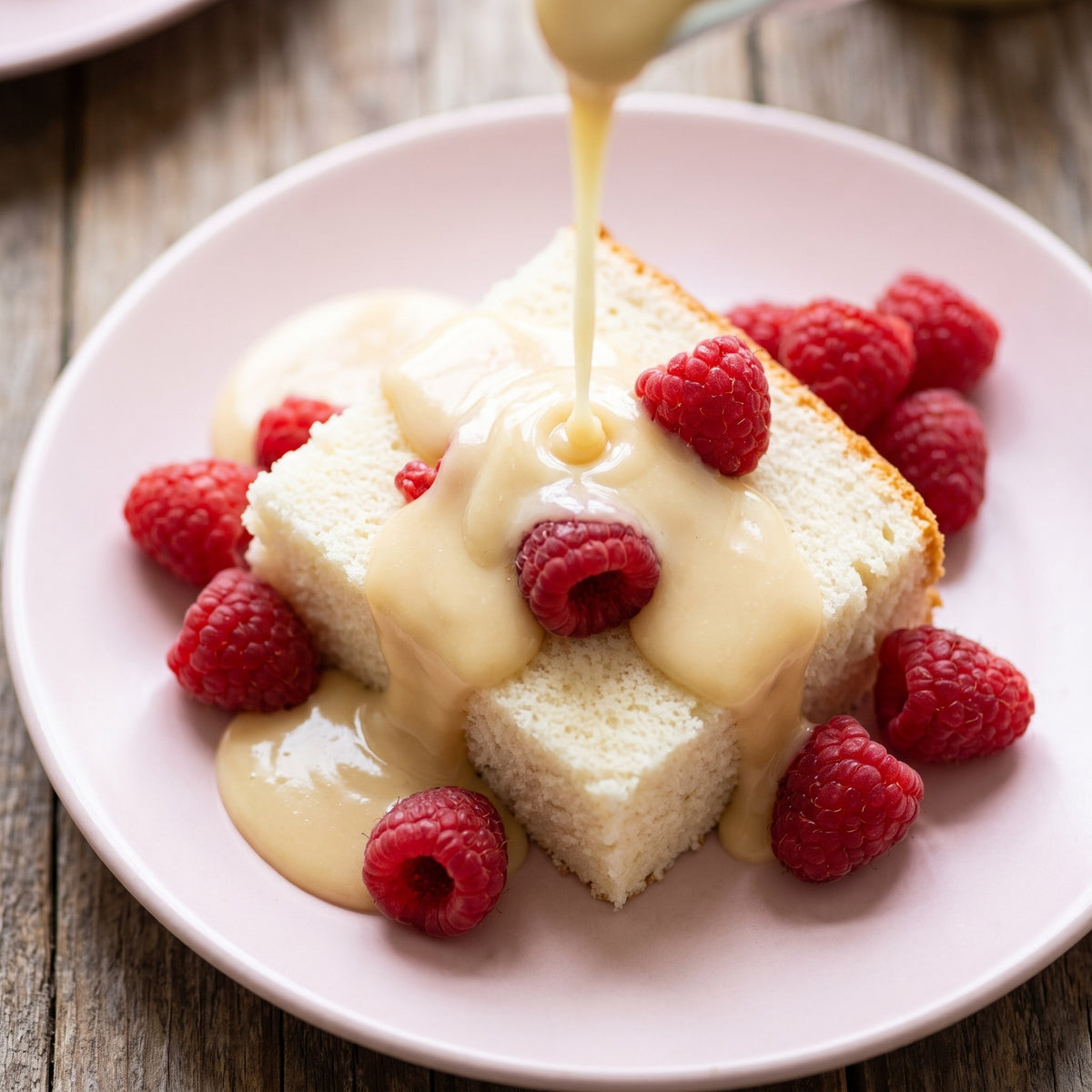 Coulis à l'érable crémeux versé sur une part de gâteau blanc et des framboises fraîches dans une assiette rose