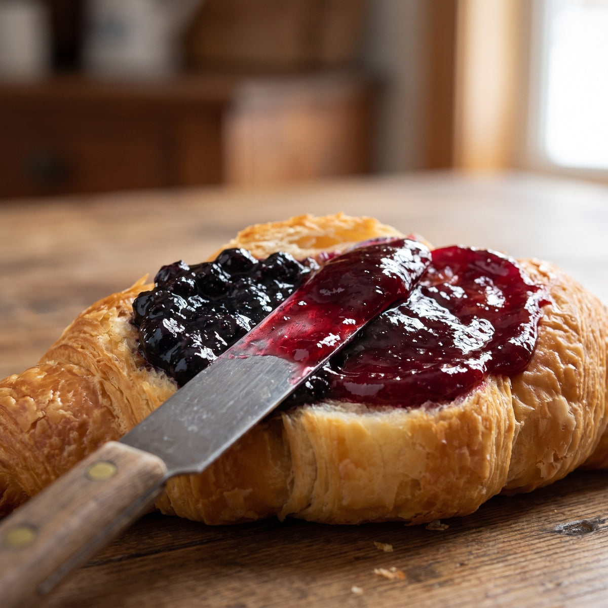 Duo de confitures — bleuets & cerises étalé au couteau sur un croissant doré déposé sur une table en bois rustique