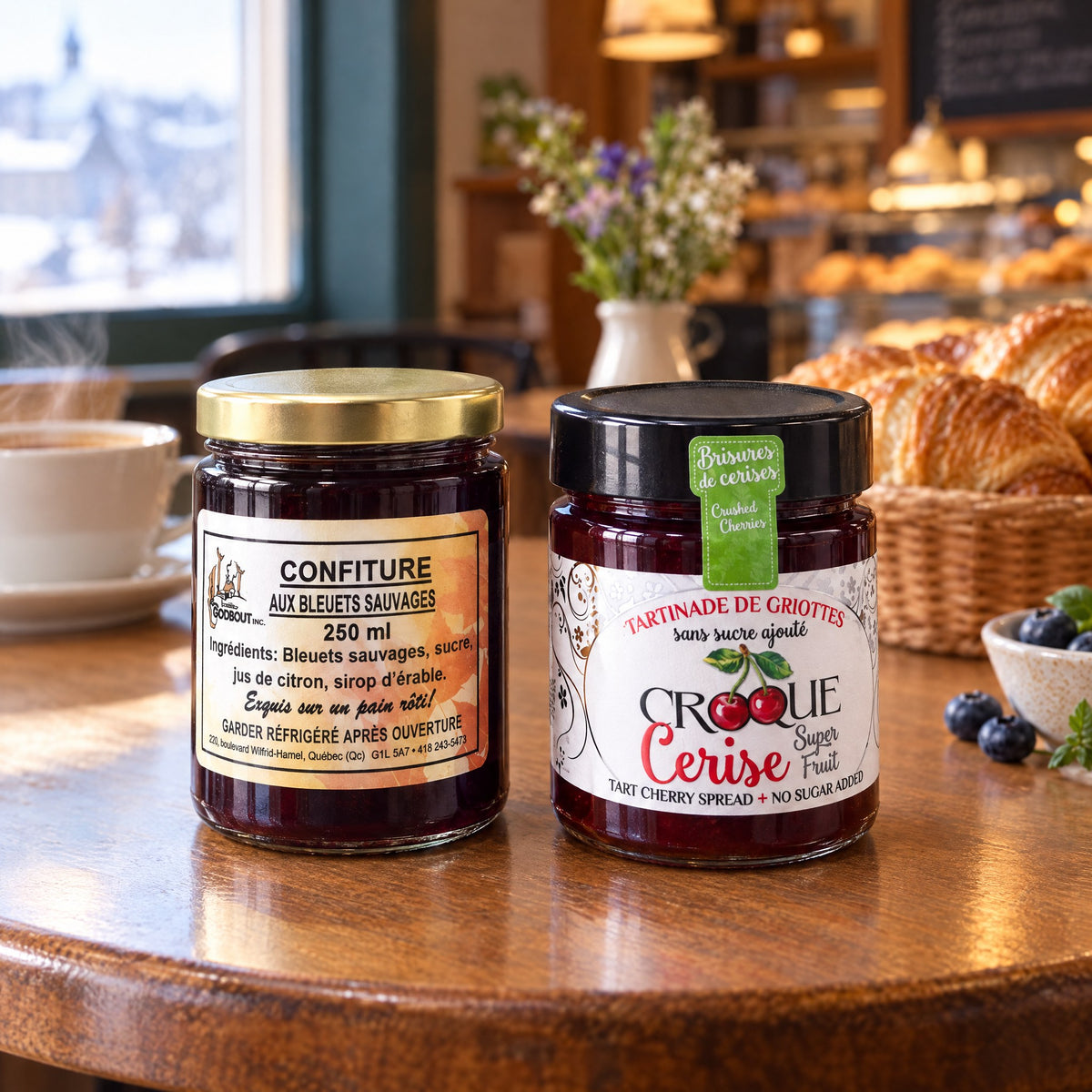 Duo de confitures — bleuets & cerises sur une table en bois de café chaleureux, à côté de croissants frais