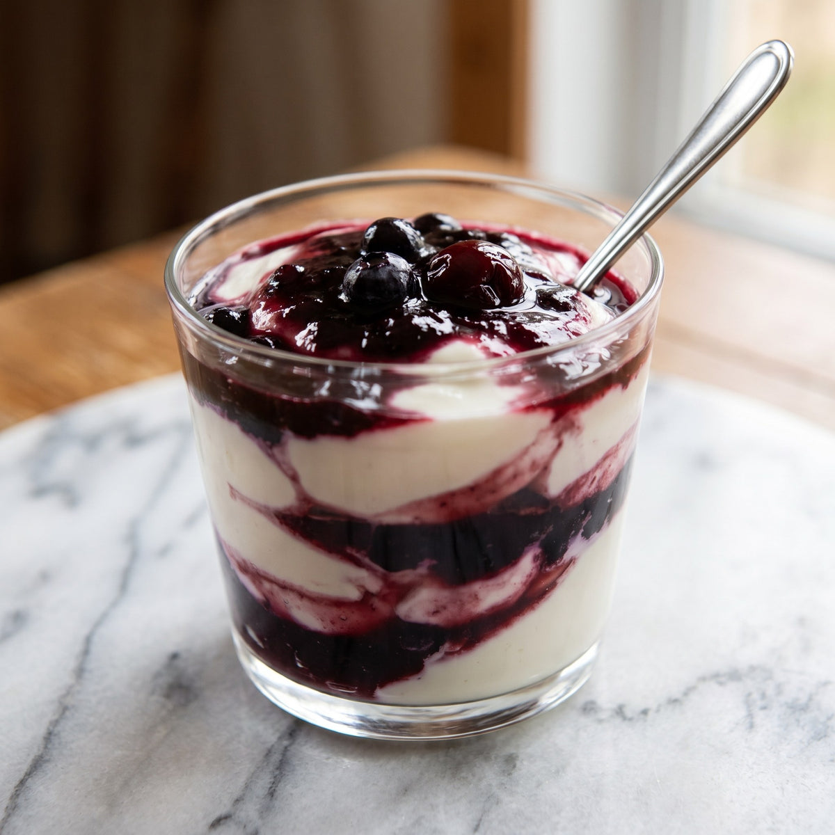 Verrine de yogourt crémeux et duo de confitures — bleuets & cerises avec une cuillère sur du marbre