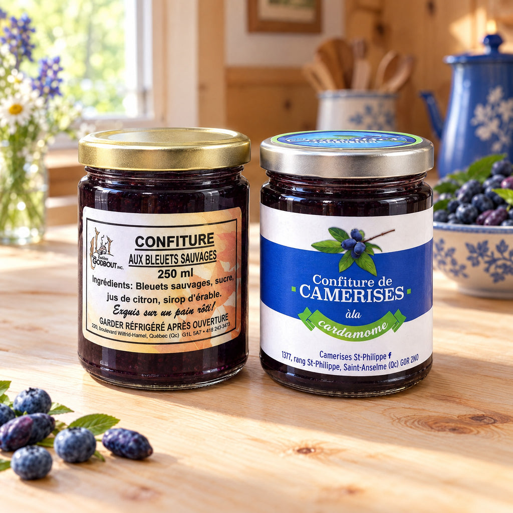 Duo de confitures — bleuets & camerises sur une table en bois clair parsemée de baies fraîches