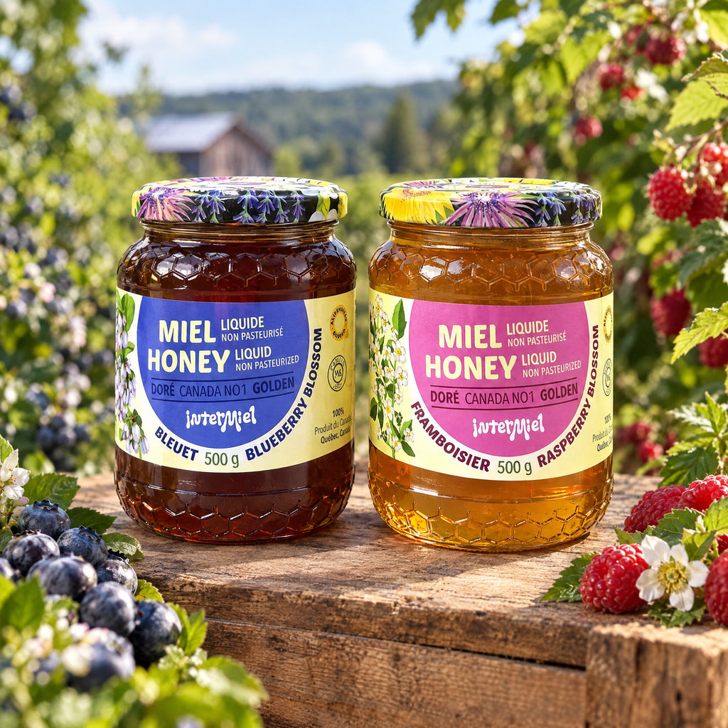 Duo de miel fruitier sur un tronc de bois, entouré de bleuets et de framboises fraîches dans un décor champêtre