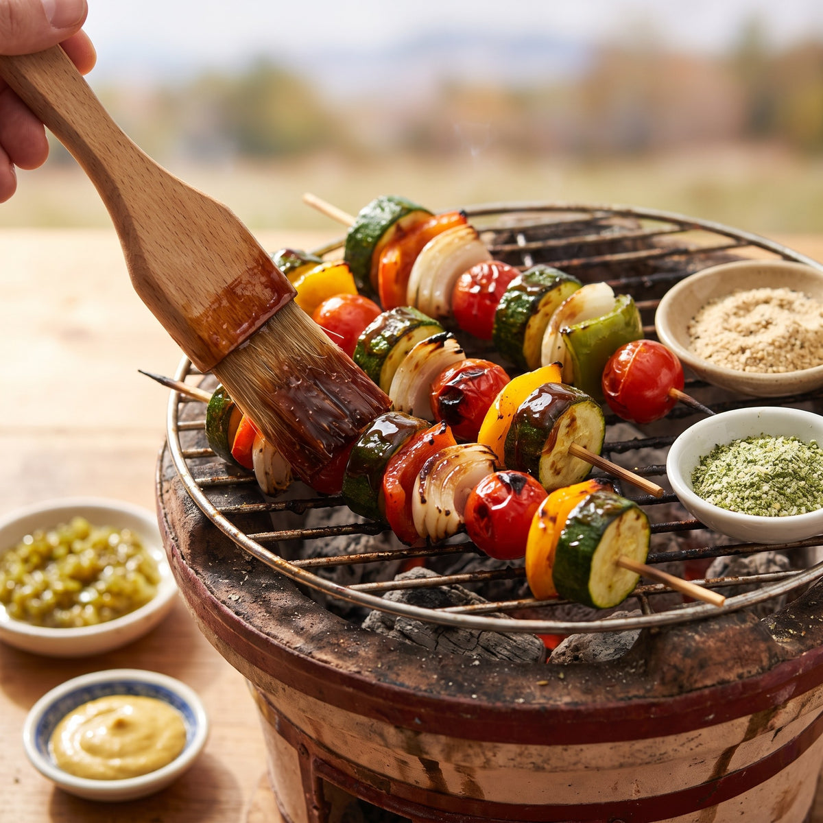 Brochettes de légumes grillées badigeonnées de sauce avec un pinceau en bois de notre ensemble pour le BBQ