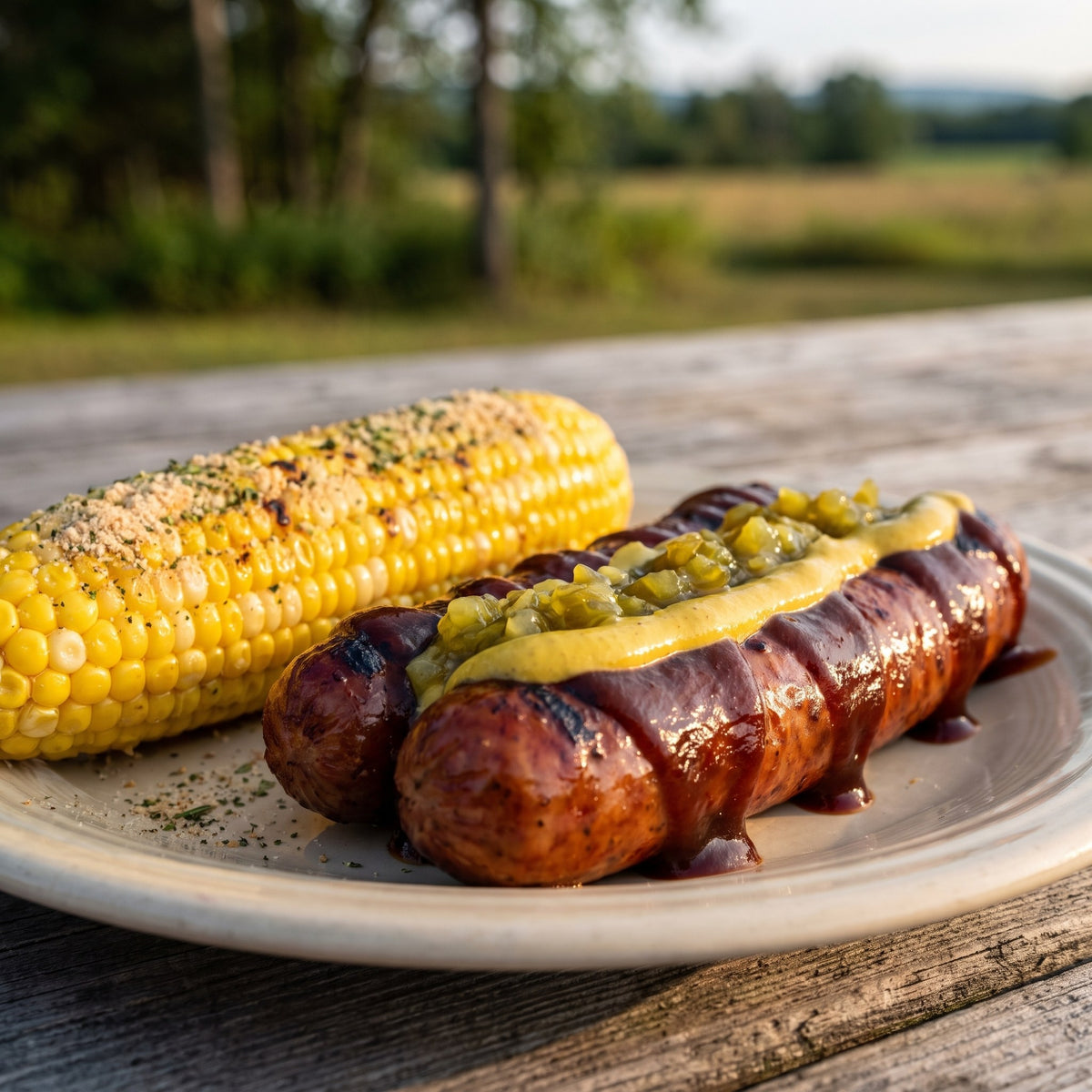 Épi de maïs et saucisses garnies de moutarde et relish de l'Ensemble pour le BBQ sur une table rustique
