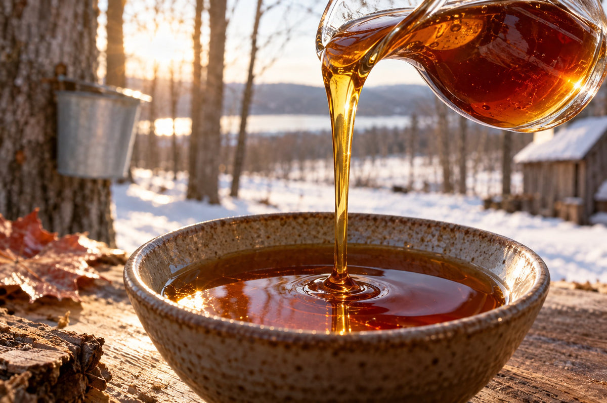 Sirop d'érable doré versé dans un bol, érablière enneigée au printemps