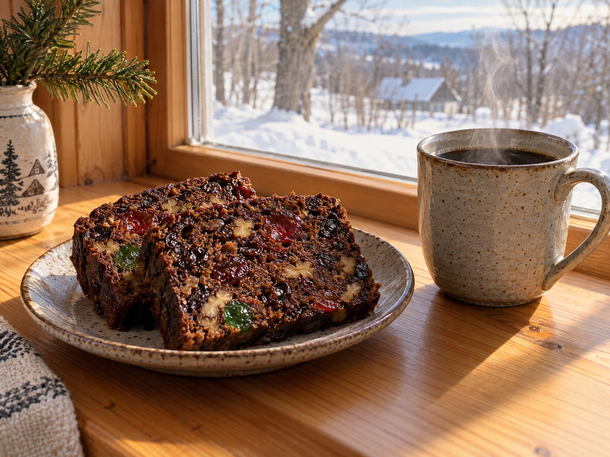 Tranches de gâteau aux fruits et café sur le rebord d'une fenêtre en hiver