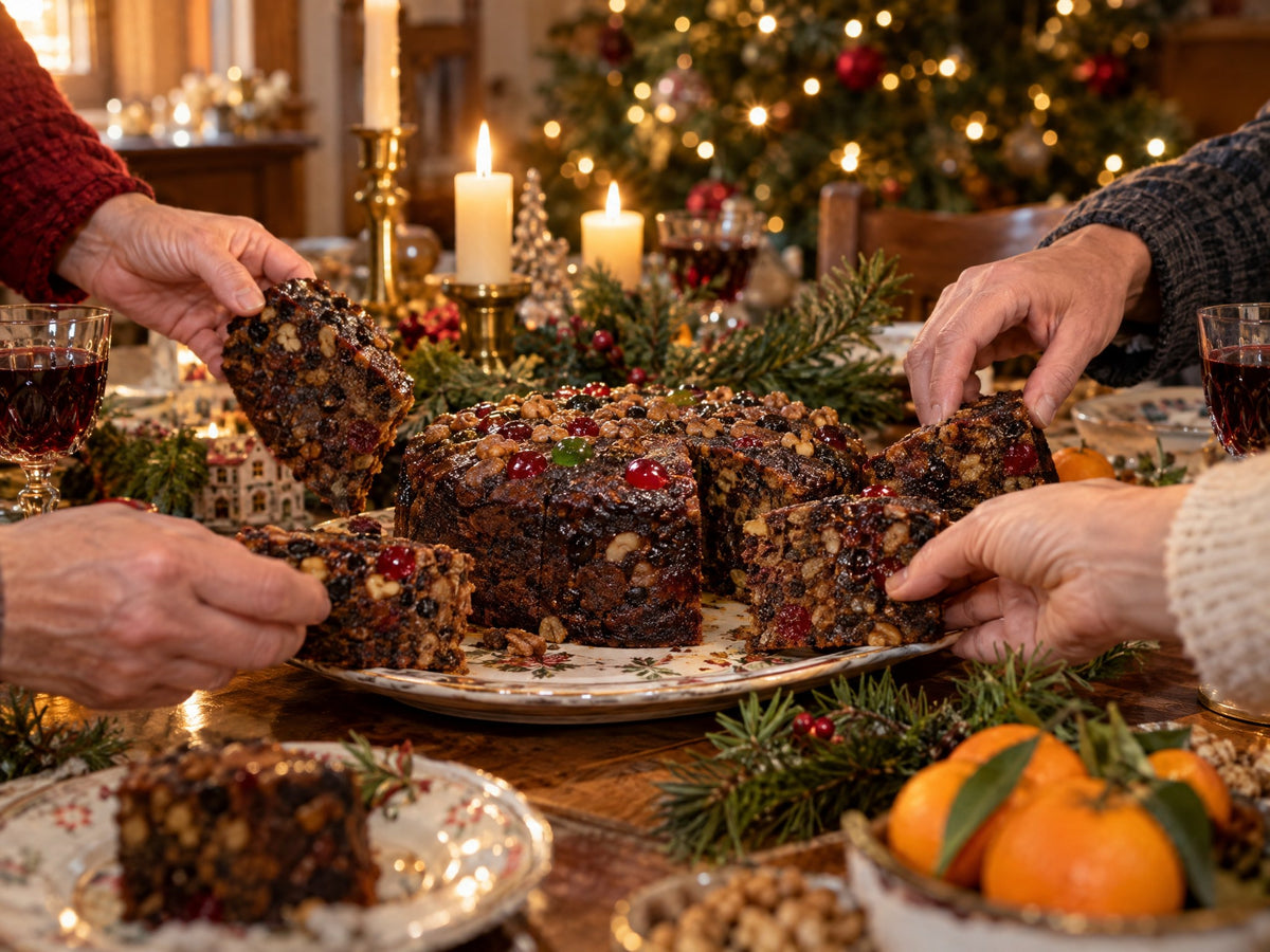 Gâteau aux fruits tranché partagé en famille sur la table de Noël