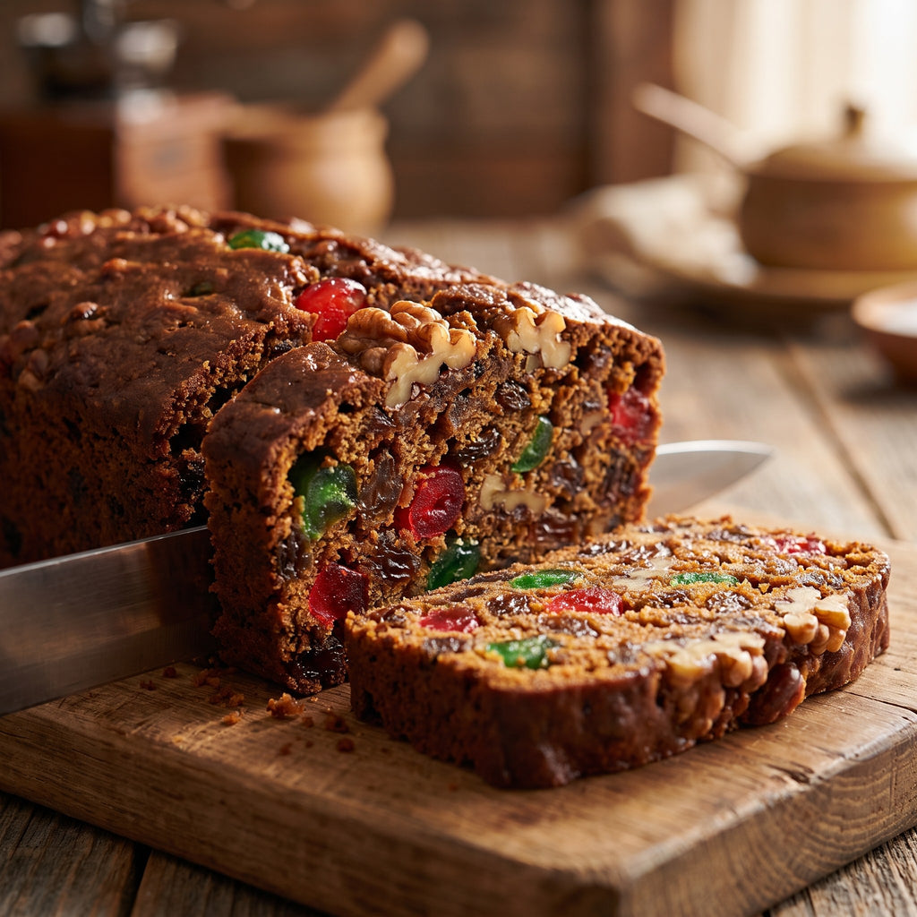 Gâteau aux fruits riche en noix et cerises confites colorées, délicatement tranché sur une planche en bois