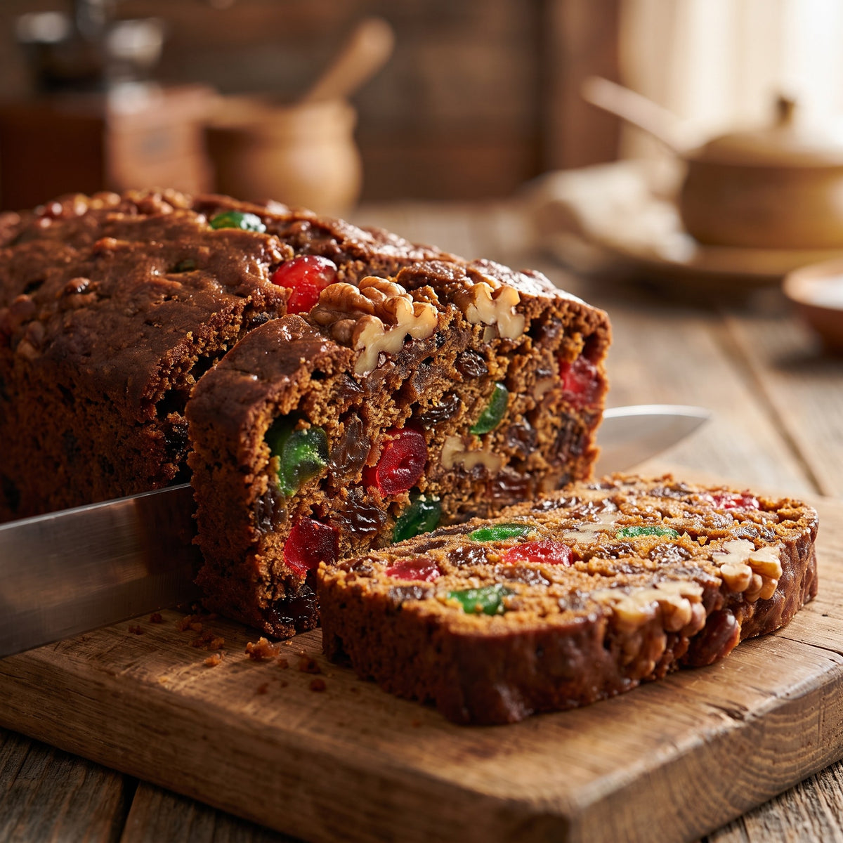 Gâteau aux fruits riche en noix et cerises confites colorées, délicatement tranché sur une planche en bois