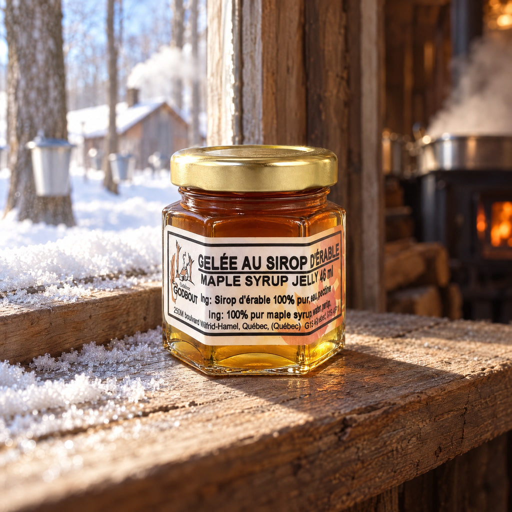 Pot de gelée au sirop d'érable posé sur une planche de bois enneigée, avec une cabane à sucre en arrière-plan