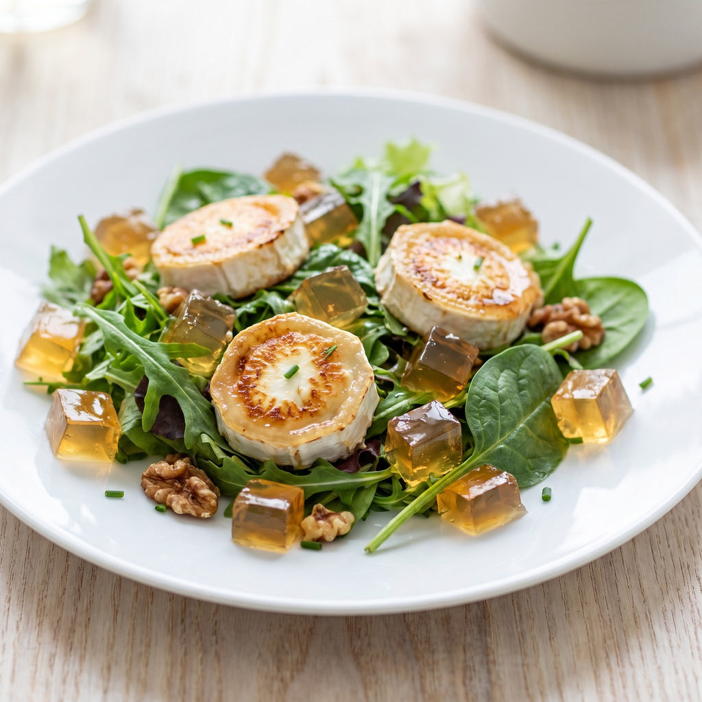 Salade de chèvre chaud aux noix décorée de cubes translucides de gelée au sirop d'érable sur une assiette blanche