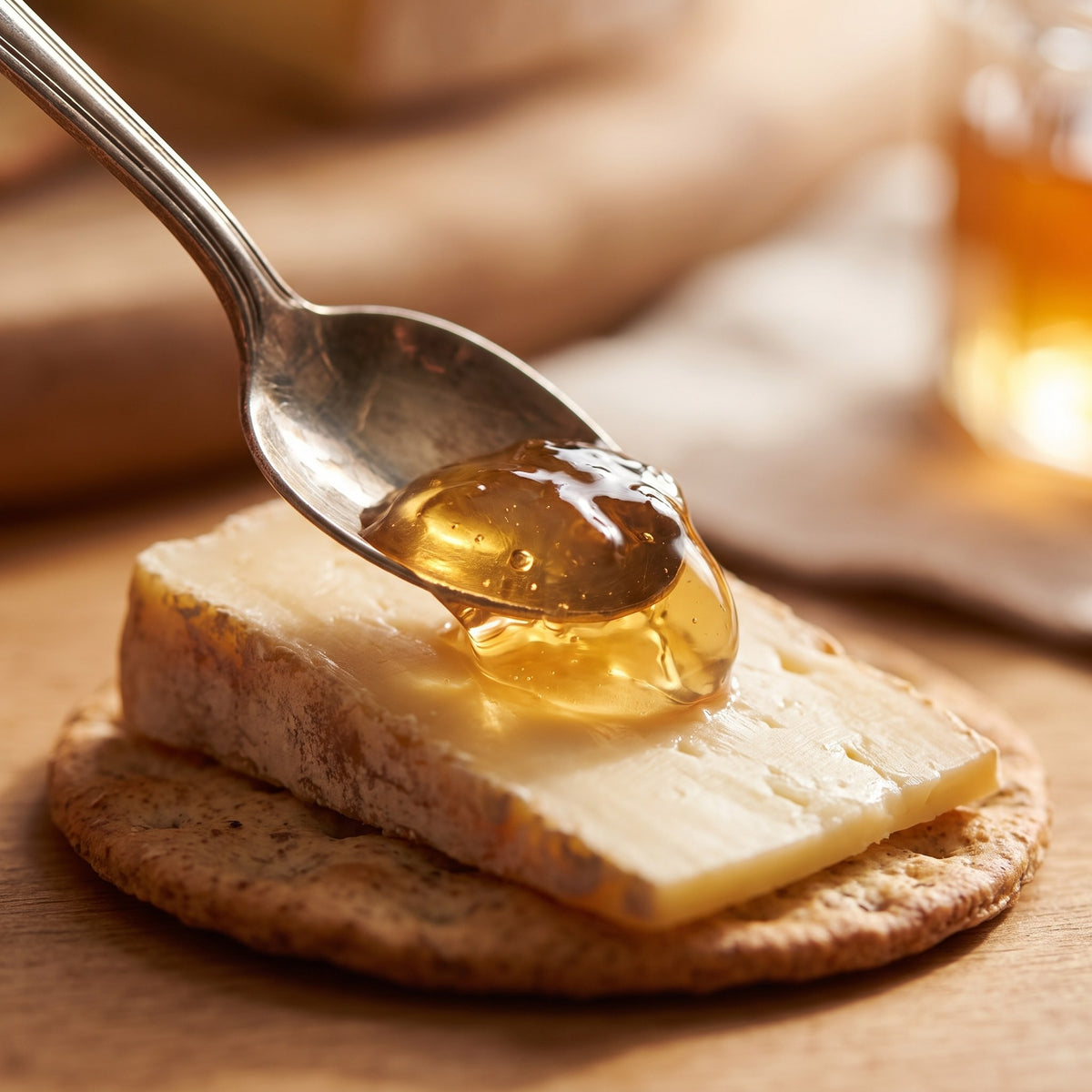 Une cuillère dépose de la gelée au sirop d'érable sur un morceau de fromage affiné posé sur un craquelin croustillant