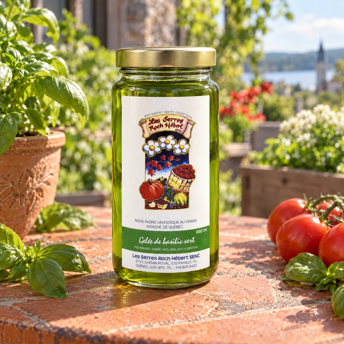 Gelée de basilic vert dans son pot en verre sur une table de brique, entourée de tomates et de basilic frais