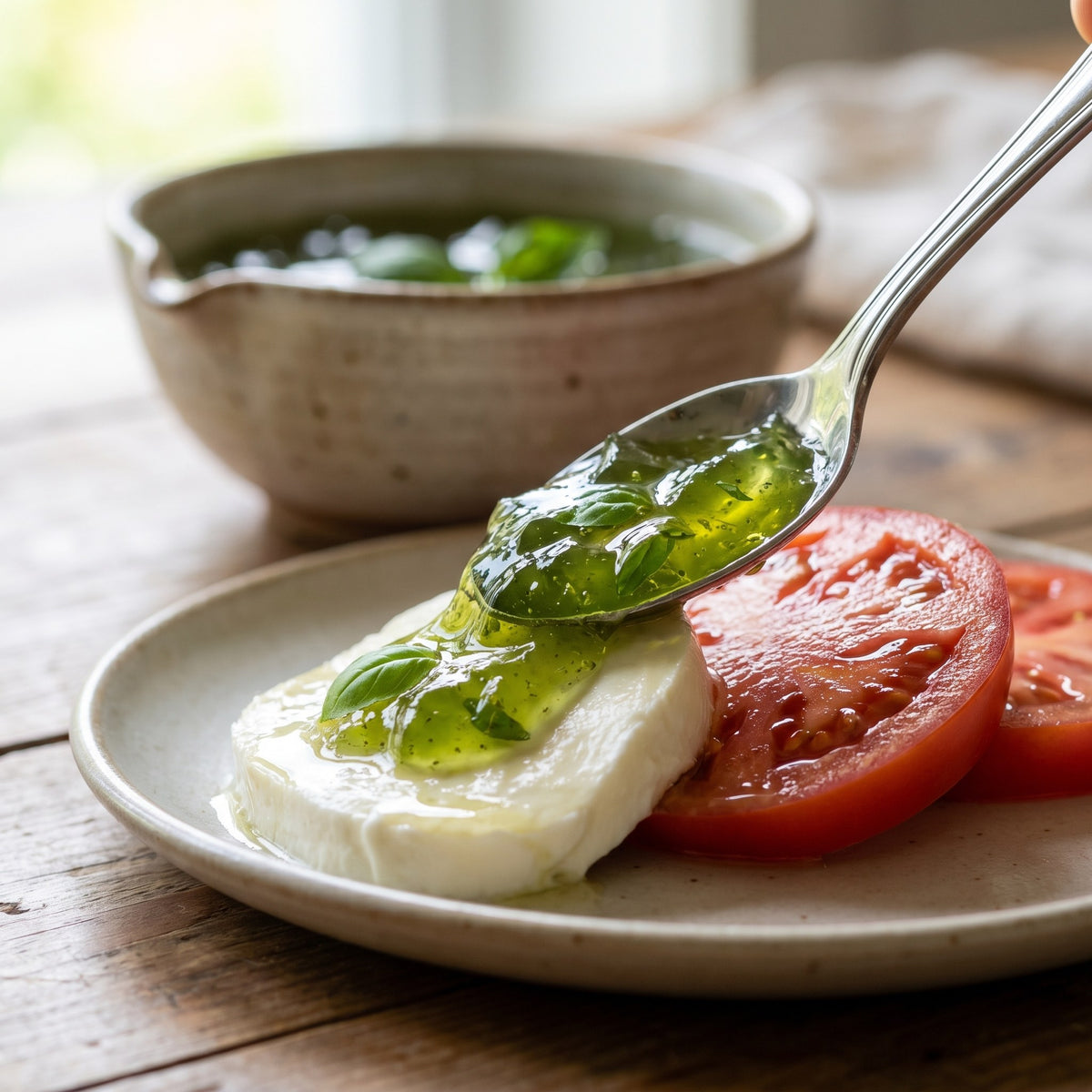Cuillère versant de la gelée de basilic vert sur une tranche de mozzarella et des tomates fraîches sur une assiette